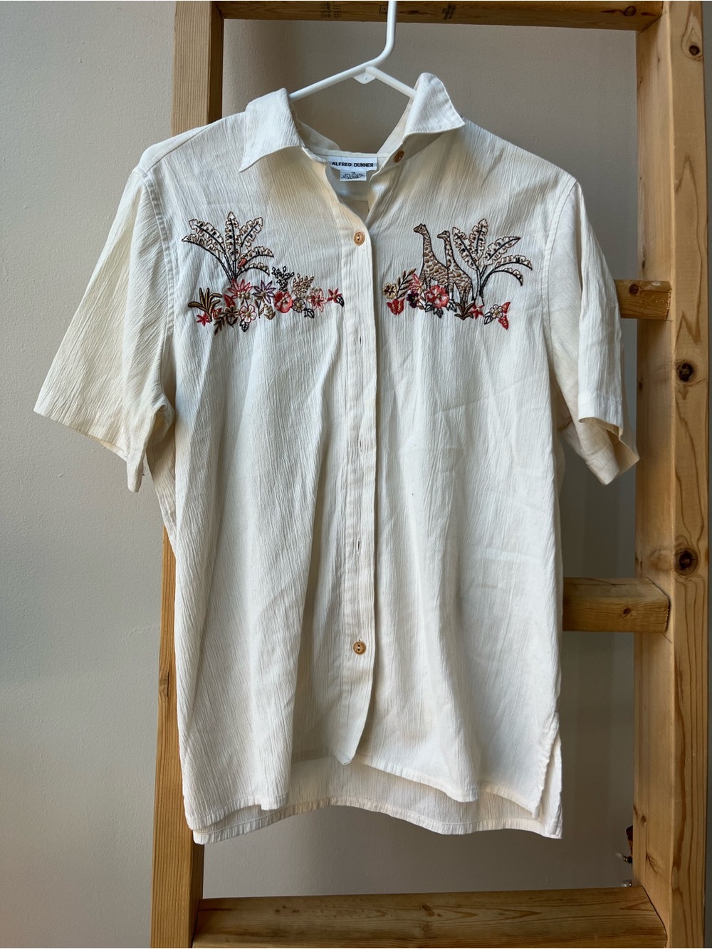 Alfred Dunner Cream Button-Down Shirt with Floral Embroidery